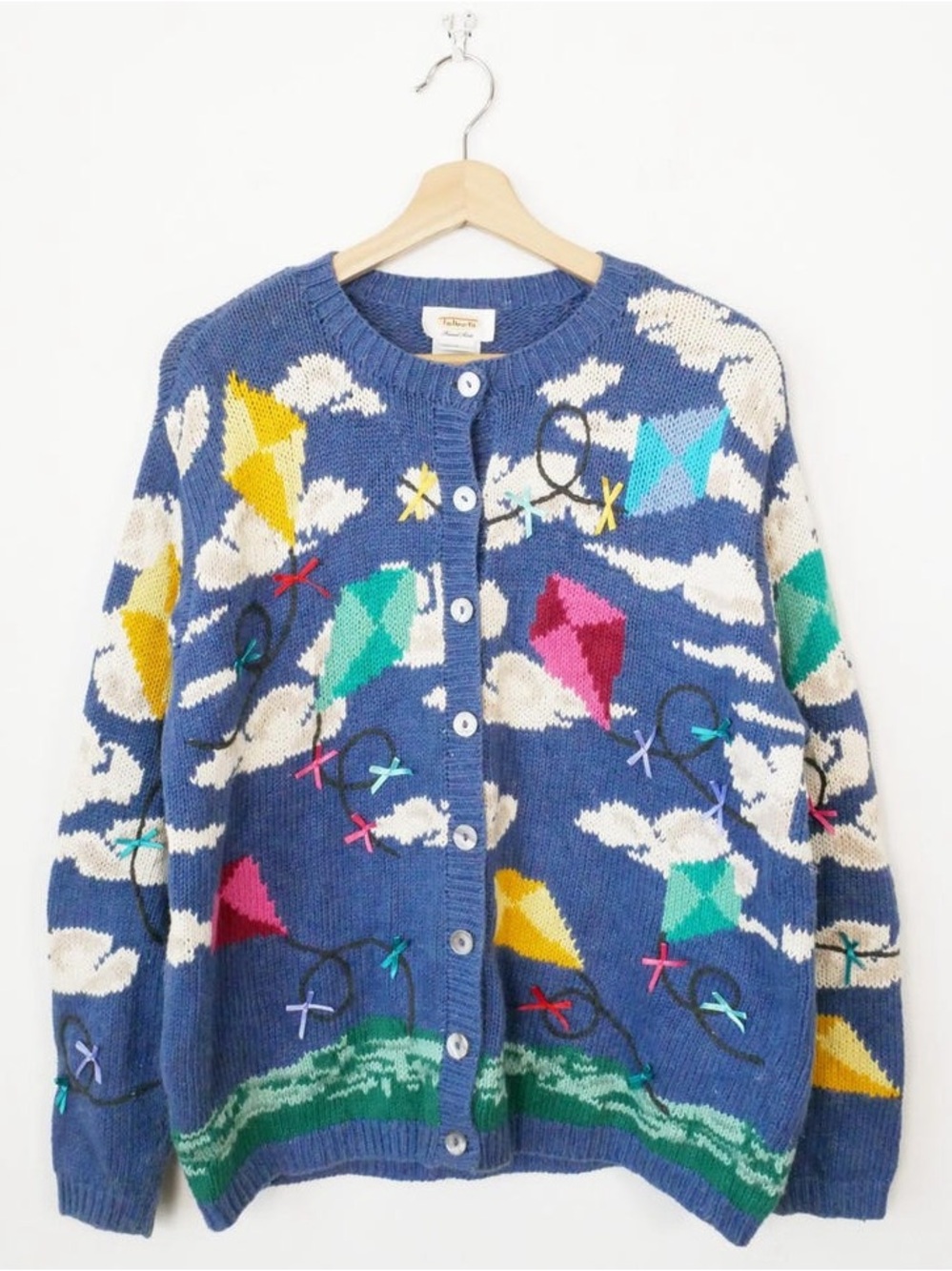 Talbots Hand Knit Blue Kite-Print Button-Up Women's Sweater Cardigan M